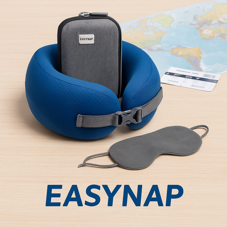 Poduszka podróżna EASY NAP duża niebieska + opaska na oczy